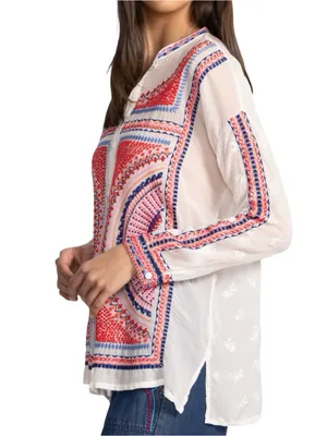Johnny Was Women’s Size S White Pink Red Blue Embroidery Button Down Blouse thumbnail 4