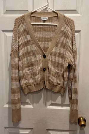 Evereve Large Kiki Cardigan Beige‎ Striped Waffle Knit Cotton Modal Sweater thumbnail 1