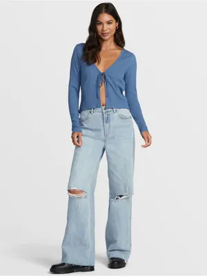 RVCA blue ribbed tie front long sleeve top L Y2K school casual thumbnail 9