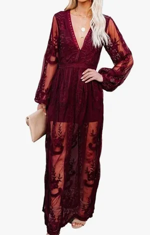 Mesh Lace Overlay Long Sleeve Maxi Dress Maroon Large thumbnail 4