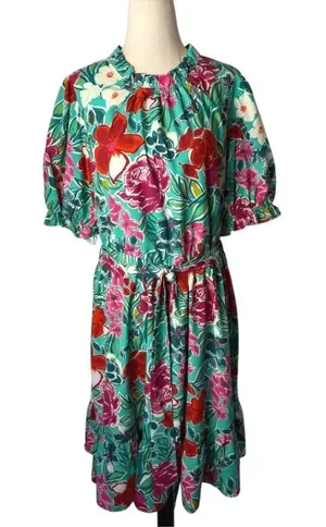 THML Dress Women XL Green Floral Puff Sleeve Ruffle Neck Tiered Mini Bohemian‎ thumbnail 1