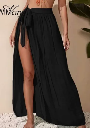 SheIn Black Wrap Swim Cover Up Skirt Maxi Side Slit Tie Waist Beach Size‎ S thumbnail 1