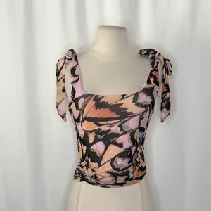 FREE PEOPLE‎ Avenue Tank Top Tie Shoulders Scoop Neck Pink Combo Retro Medium thumbnail 3