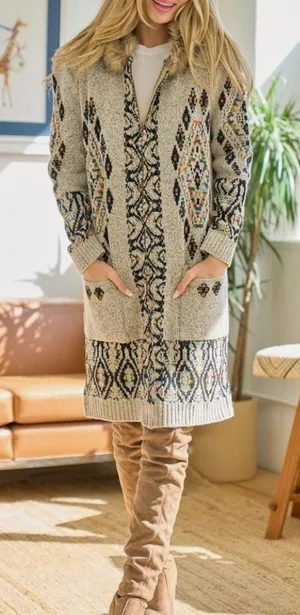 Northern angle ON BLUE AZTEC LONG CARDIGAN fur hooded SWEATER WESTERN BOHO.SZ L thumbnail 1