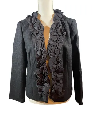 J.Crew 100% Wool Dark Grey Black Silk Trim Ruffle Neck Blazer Jacket Women‎ 6 thumbnail 1