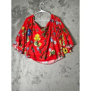 Alice + Olivia Red Floral Off The Shoulder Bell Sleeve Peasant Blouse Boho Top M thumbnail 3