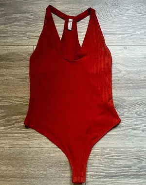 Free People Orange Brown Ribbed Sleeveless Racerback Bodysuit Size M Fall Trendy thumbnail 1