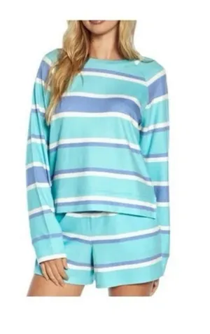 Wildfox 2-Piece Lounge Set - Striped Blue Aqua White Sweatshirt & Shorts Medium thumbnail 1