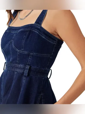 Free People Dark Indigo Denim Mini Dress Size L It has pockets on the sides. thumbnail 4