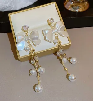 Elegant Bow White Pearl Dangle Drop Earrings for Women thumbnail 3