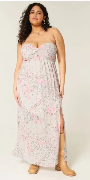 Hollister Floral Strapless Maxi Dress Pink Purple XL Sweetheart Slit Smocked thumbnail 1