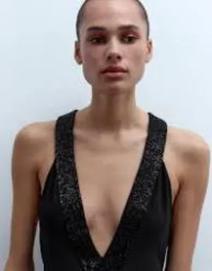 Zara Women'S V-Neck Open Back Applique Long Beaded Dress Black New 5919/906 Sz S thumbnail 2