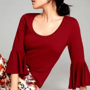 Anthropologie Smocked Bell-Sleeve Top Shirt Blouse Wine Red Burgundy Medium thumbnail 1