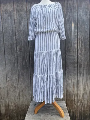 Lauren Ralph Lauren White Maxi Dress Black Stripes Ruffled Tiered Hem Sz 14 thumbnail 6