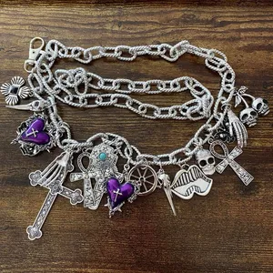 Silver Y2K Gothic Purple Heart Charm Chain Belt, Fits 14-40 Inches, X7GA1307 thumbnail 6