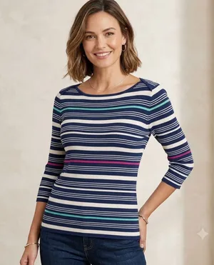 Liz Claiborne Womens Plus Size 1X Sweater Striped Knit Boat Neck Ribbed Nautical thumbnail 1