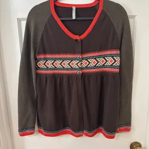 Womens Fair Isle Geometric Pattern Cardigan‎ Sweater Chocolate Brown Sz M thumbnail 1