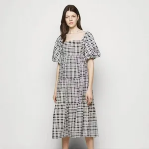 Faithfull the Brand Kiona Checker Print Puff Sleeve Midi Dress Black White M NWT thumbnail 3