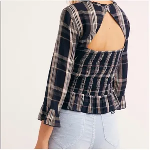 Free people cotton smocked Plaid Ruffle Trim Women's Top thumbnail 5