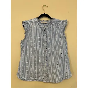 Loft Blue White Stripe Daisy Ruffle Button Front Top Women's Medium thumbnail 3
