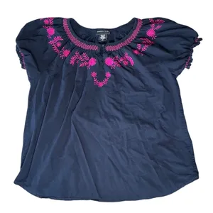 Navy Blue Pink Floral Embroidered Cotton Peasant Blouse XL thumbnail 1