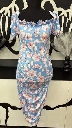 Boohoo Maternity Blue Pink Floral Off Shoulder Ruched Midi Dress Size 8 NWT thumbnail 1