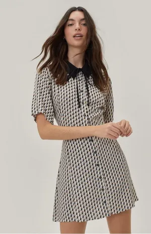 Printed Collar Detail Skater Dress Size US 6 thumbnail 1
