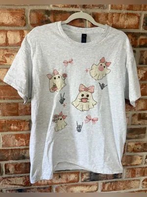 Gildan Light Gray Tee with Pink Bow Ghosts thumbnail 1