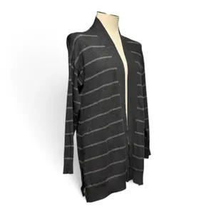 Eileen Fisher Open Front Cardigan Sweater Stretch Gray Stripe Medium thumbnail 6