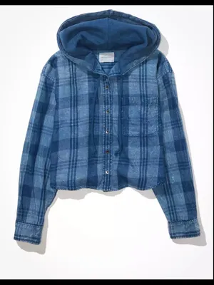 American Eagle AE Cropped Hooded Flannel Shirt in blue S thumbnail 6