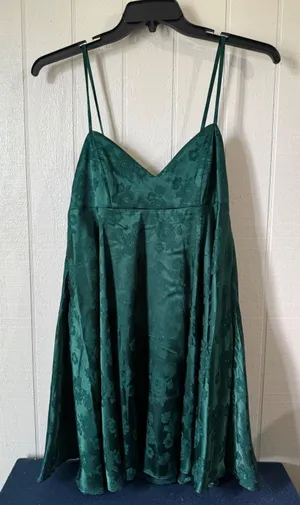 Allison + Kelly Emerald Green Satin Jacquard Floral Bow Back Mini Dress Medium thumbnail 1