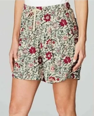 J. Jill Womens Floral Print Rayon Drawstring‎ Shorts Cream Red Teal Size M thumbnail 1