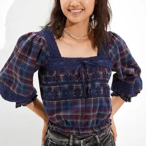 AMERICAN EAGLE Lace Puff Sleeve Plaid Eyelet Blouse thumbnail 1