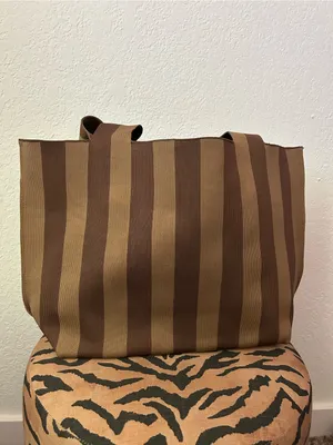 NEW Vivere Brown Striped Reusable Woven Tote Bag thumbnail 6