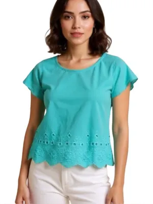Aerie Medium Short-sleeved Scoop-neck Turquoise Blouse With Eyelet Embroidery. thumbnail 1