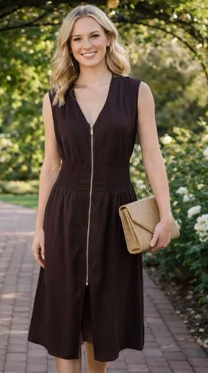 Joie Linen Blend Chocolate Brown‎ Zip-Front Midi Dress Quiet Luxury Old Money M thumbnail 1