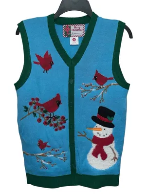 Merry Christmas Woman's Sweater Vest V‎ Neck Cardinal Button Down Size Small thumbnail 1