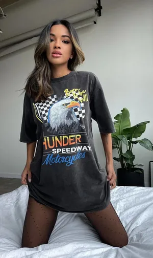 [Princess Polly] Thunder Speedway Motorcycles Oversized T-Shirt Dress Biker Sz 4 thumbnail 1