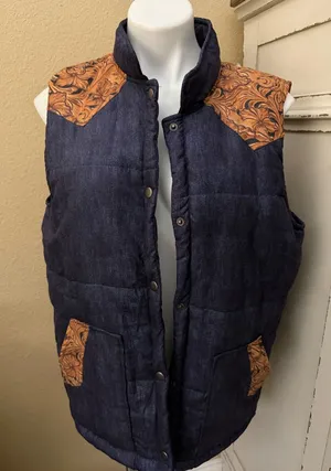 Crazy Train Navy Quilted Vest with Tan Floral-Embossed Accents thumbnail 1