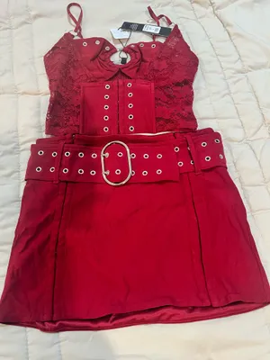 Red Lace-Trim Grommet Mini Dress Set - Women thumbnail 3