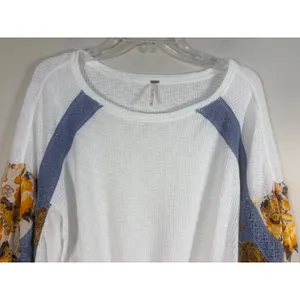 Free People Waffle knit Top XS White Excellent Mixed Media Floral Balloon Sleeve thumbnail 5