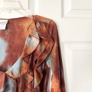 Fashion Bug Blue Brown Tie Dye Frill Goth Core Y2K Boho Ruffle Blouse Small USA thumbnail 4