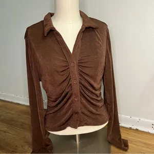 JUST POLLY NWT Chocolate Brown Ruched Front Long Sleeve Top Size L‎ thumbnail 2