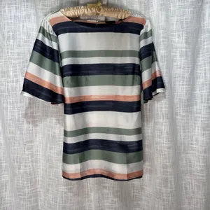 Ann Taylor Factory Striped Flutter Sleeve Tie Waist Blouse Navy Green Peach M thumbnail 7