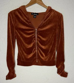 Rust Orange Velvet Crop Hoodie Full Zip Y2K Long Sleeve Ruched 70s Fall thumbnail 1
