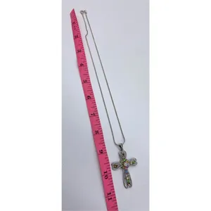 colorful rhinestone cross pendant necklace brushed antique silver thumbnail 7