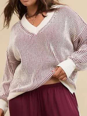 aerie beyond oversized chenille v neck sweater | rustic red thumbnail 1