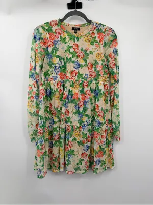 AFRM Floral Mesh Tiered Mini Dress‎ Small Long Sleeve Babydoll Multicolor thumbnail 3