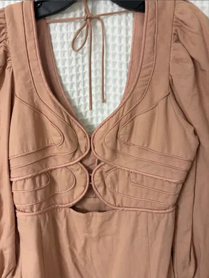 Farm Rio for Anthropologie Linen Long Sleeve Cutout Mini Dress Medium thumbnail 6