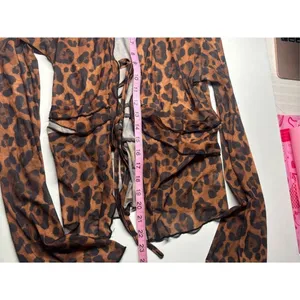 Leopard Print Mesh Tie Front Top Brown Black Ruffle Bell Sleeve Y2K Coquette thumbnail 7